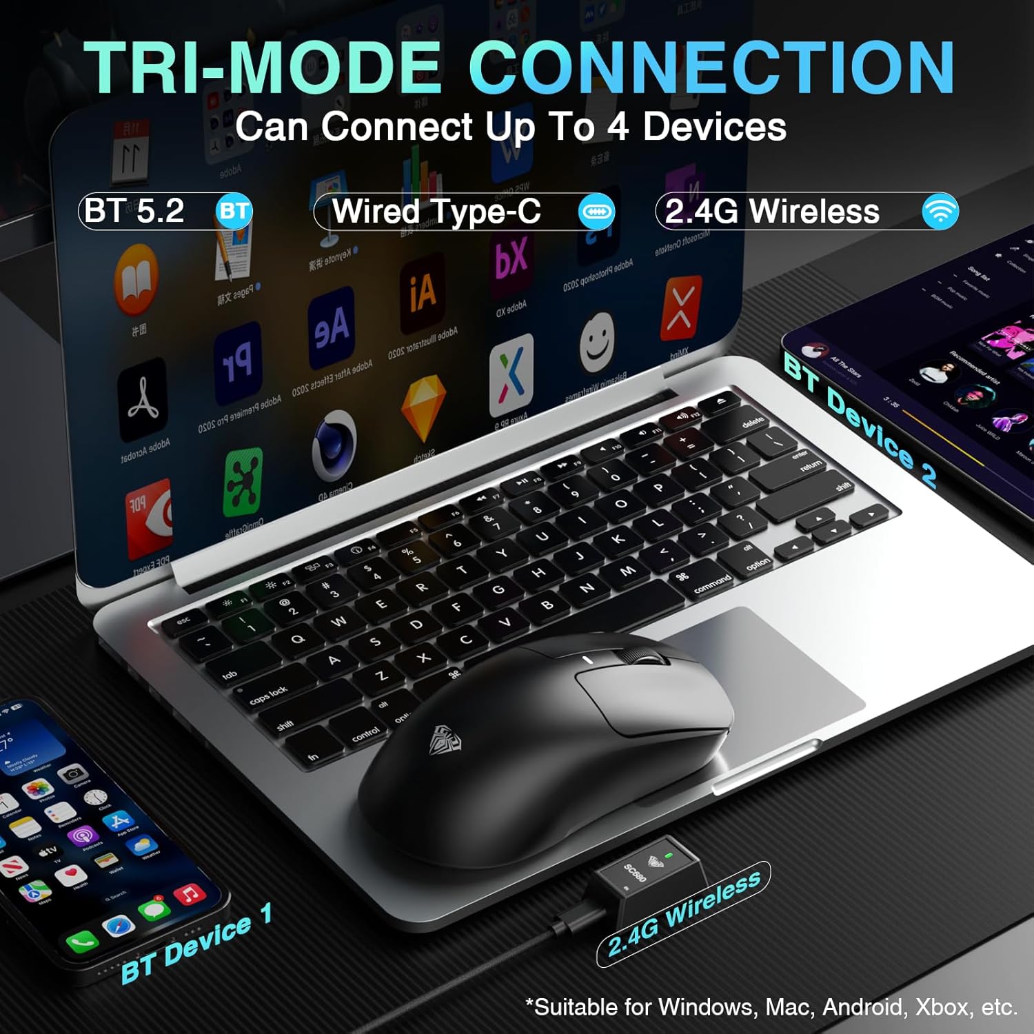 AULA SC680 Wireless Gaming Mouse, Tri-Mode 2.4Ghz/USB-C/BT5.2, Ultra-Lightweight Mouse, PAW3395 Sensor, 8K Polling Rate, 26000 DPI, 75Hrs Battery Life, Rechargeable Gaming Mice for PC/Laptop/Mac/PS5