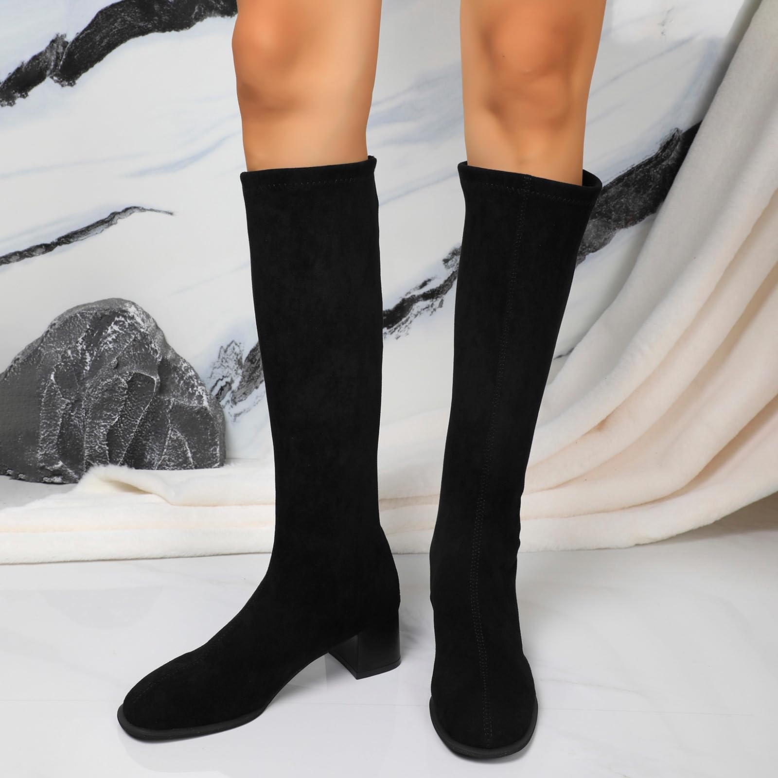 Generico Stivali Lunghi Donna In Pelle Scamosciata Stile Britannico Invernali Con Tacco Spesso E Cerniera Posteriore