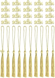 Tupalizy 10PCS Mini Silky Handmade Bookmark Tassels with 20PCS 2024 Year Charms for Graduation Keychain Earring Jewelry Making Wedding Favors Souvenir Gifts Tags DIY Craft Projects,Light Gold and Gold