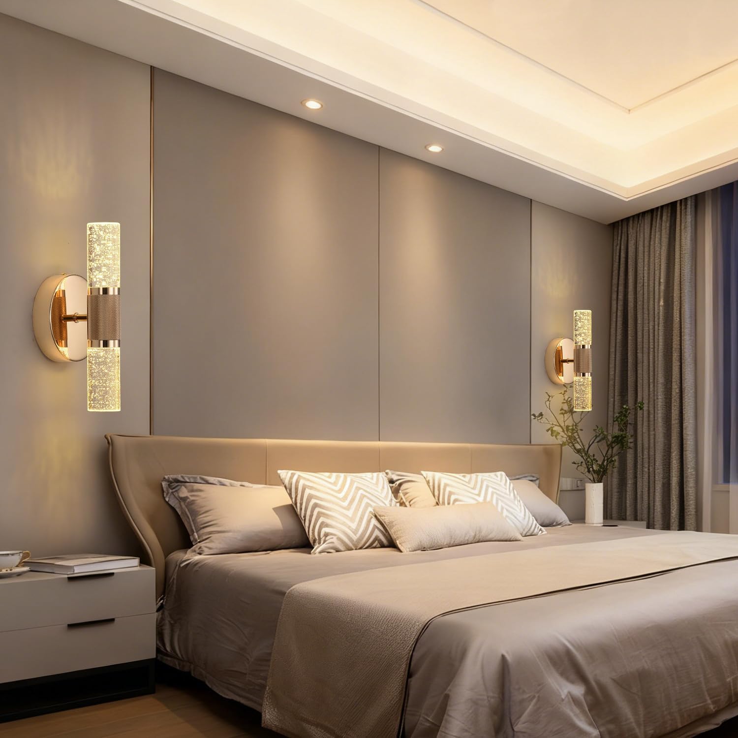 Gold Crystal Wall Sconces Set of 2, 10W LED Bubble Glass Bathroom Vanity Lights with Adjustable Color Temperature, 9.8" Indoor Wall Lighting for Bathroom, Hallway & Bedroom