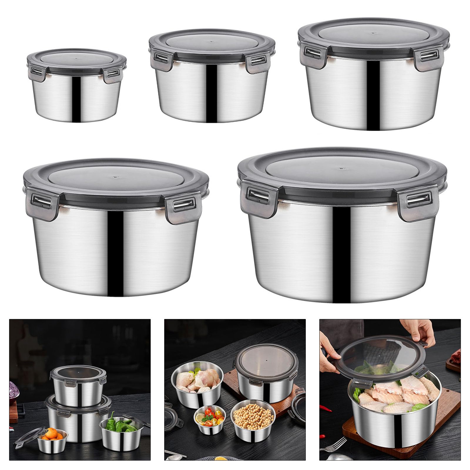 5 Stück Edelstahl-Lebensmittelbehälter, tragbare Lunchbox mit Deckel, stapelbare runde Aufbewahrungsschalen für Zuhause und draußen, stapelbare Lebensmittelaufbewahrungsschalen
