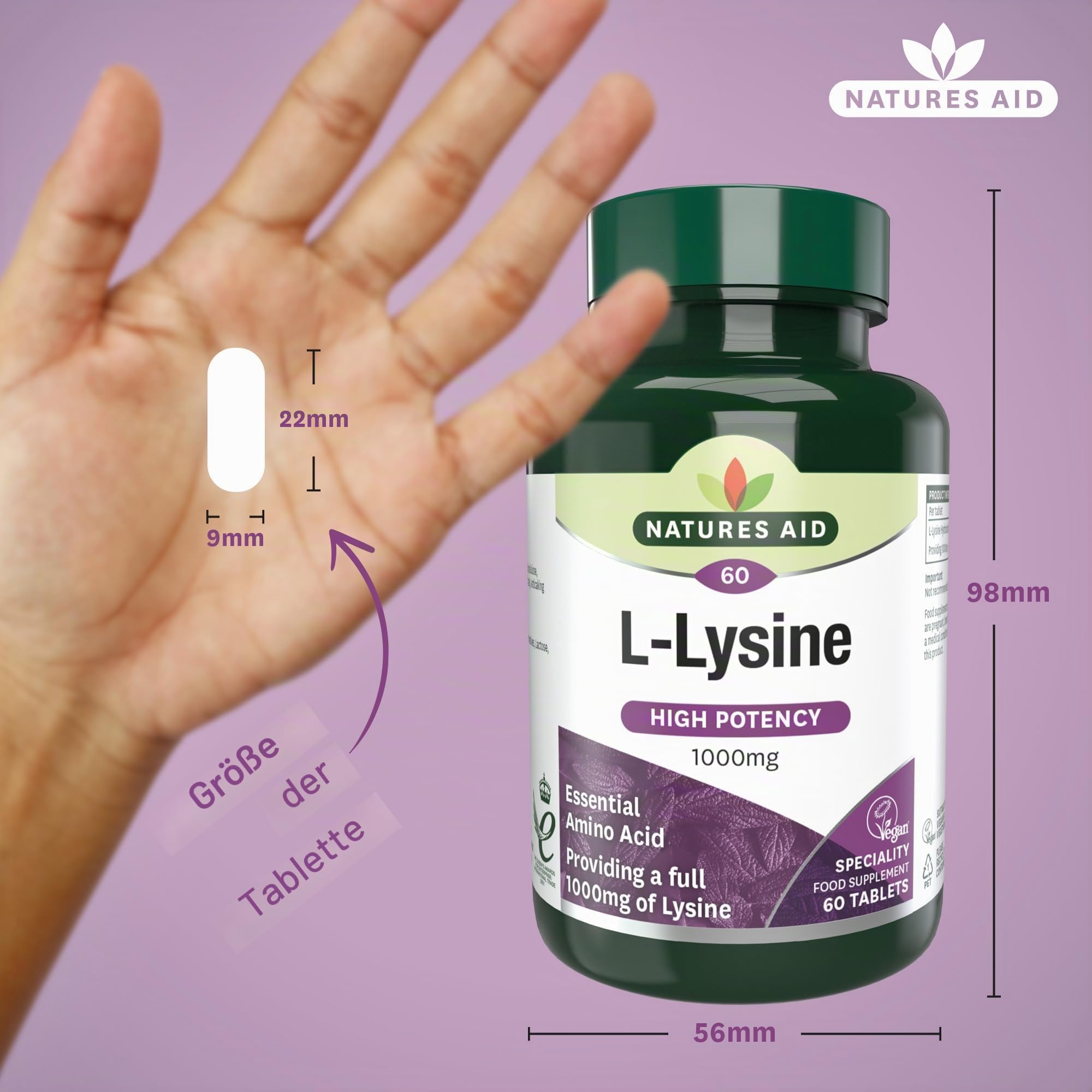 Natures Aid High Potency 1000 mg L-Lysine 60 Veganer Kapseln