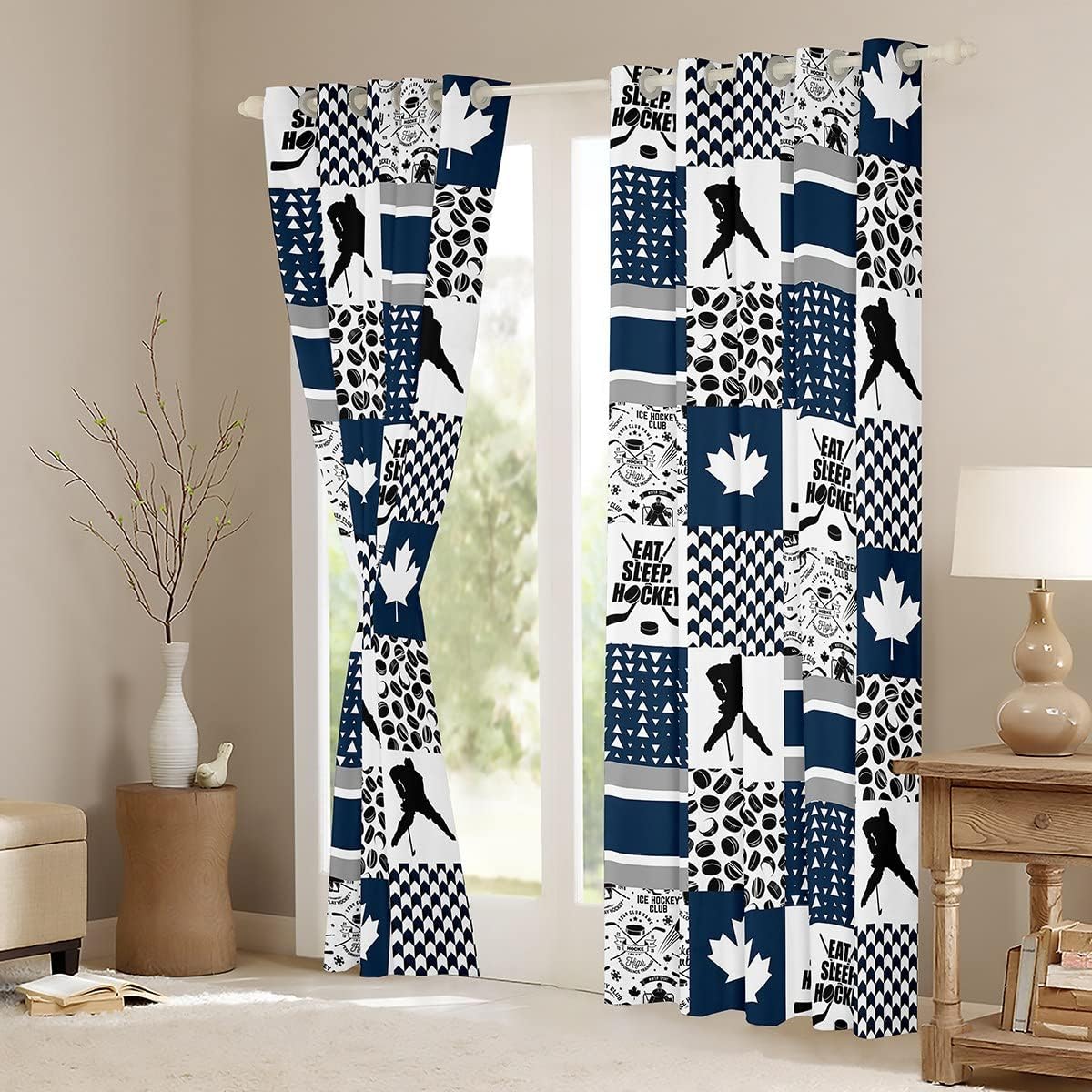 Ice Hockey Blackout Curtains Buffalo Plaid Decor,Pucks Sports Ball Games Curtains,Extreme Sport Curtains & Drapes 2 Panels 42"Wx63"L,Maple Leaf Window Treatments Canadian Flag Bedroom Decor Navy Blue