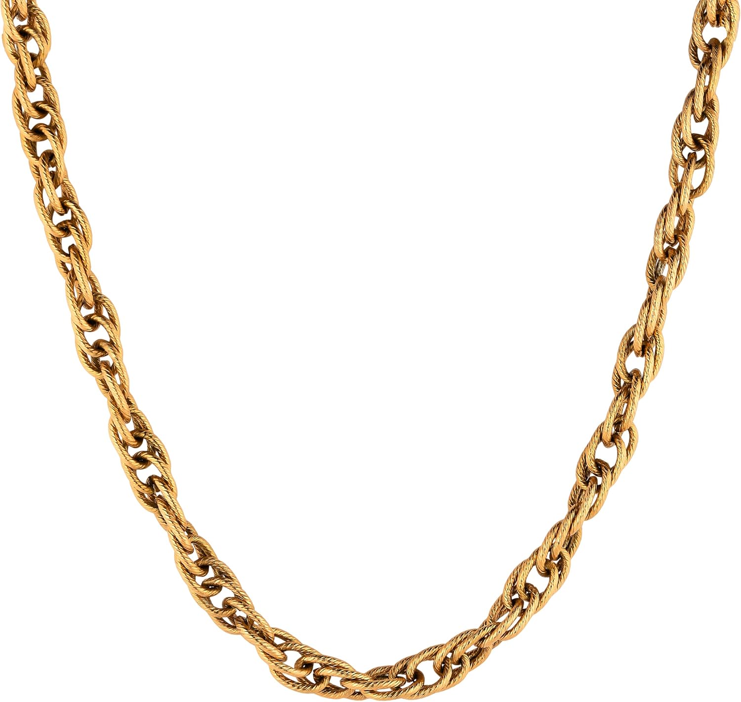 Link Chain Necklace, 18K Gold Plated Stainless Steel, Hypoallergenic, Non-Tarnish, Vintage Style Textured Braided Rope Collar Choker Necklace, Waterproof Jewelry for Women