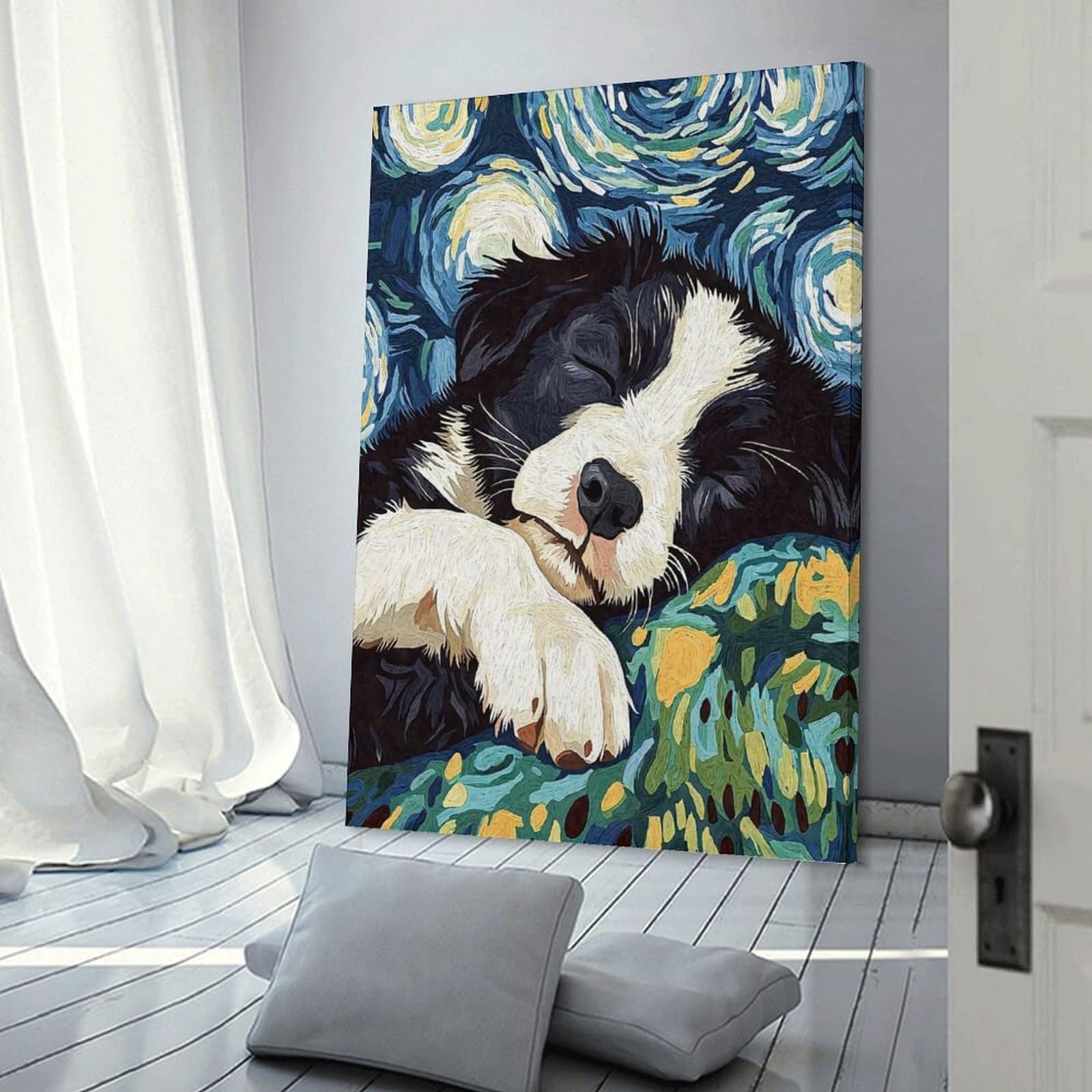 Junmoney Frame-Style-24 Sleeping Border Collie Starry Night Decorative Wall Artwork 20X30inch(50X75cm), For Corridors, Hallways Or Apartment Entries, Home Artwork For First Impressions