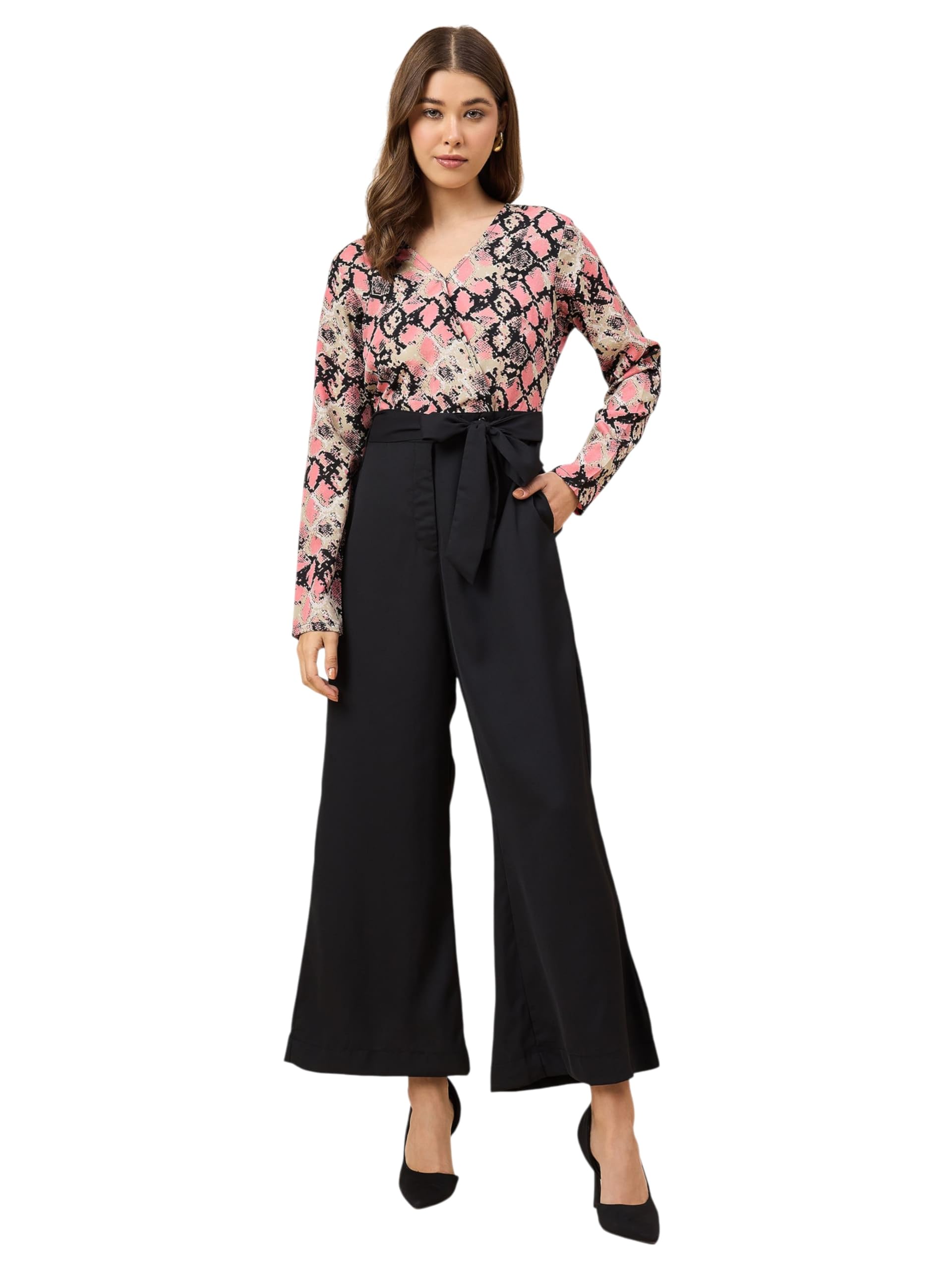 Women polyester pink & black Printed jumpsuit-image-1