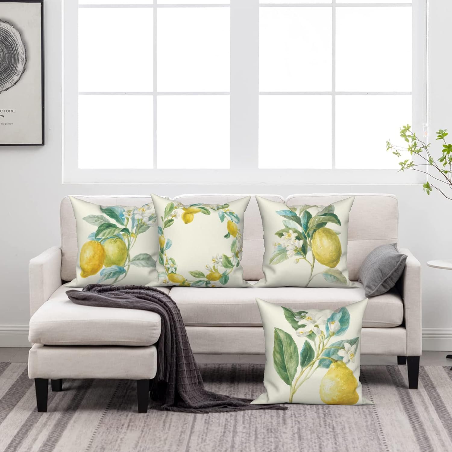 Watercolor Lemon Pillow Covers 18x18 Set of 4 Fruit Wreath Throw Pillow Cover Summer Holiday Decorative Farmhouse Pillowcases Couch Cushion Case for Living Room Sofa Outdoor Home Decor