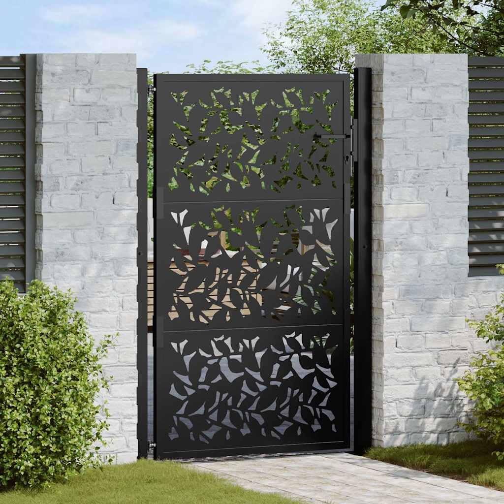 IKAYAA Puerta de Jardín 105x155 cm, Puerta para Valla con Sistema de Cerradura Acero Oxidado, diseño de Hojas Negro