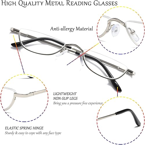 Miniatura 5 de Paquete de 2 lentes de lectura de media luna de aleación vintage para mujeres y hombres, lentes delgados de medio marco + 1.0