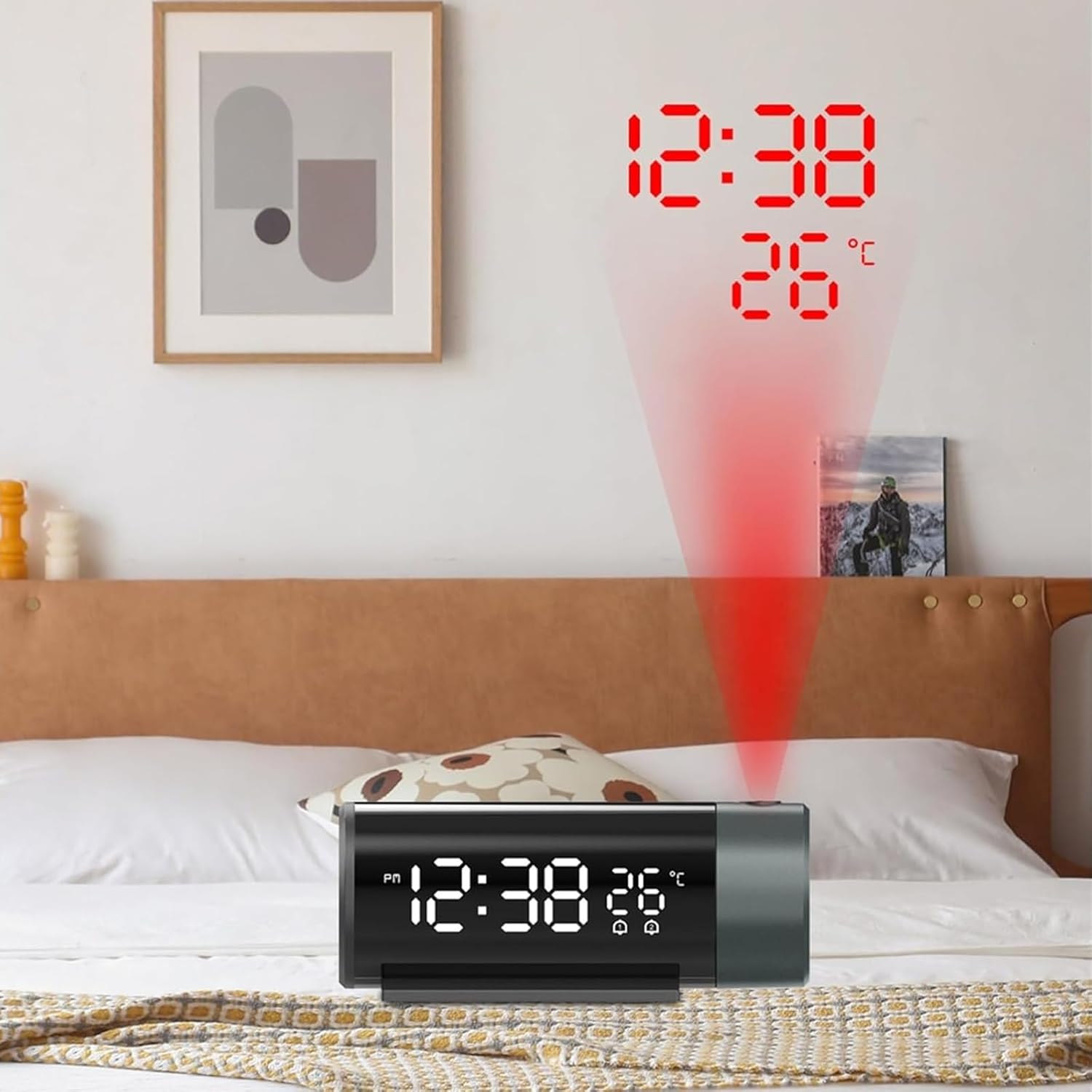 Digital Projection Alarm Clock, Projection Time Projector with 180° Time Display Temperature Reading on Ceiling Wall, 4 Adjustable Brightness Levels & USB Charging, for Bedroom Office