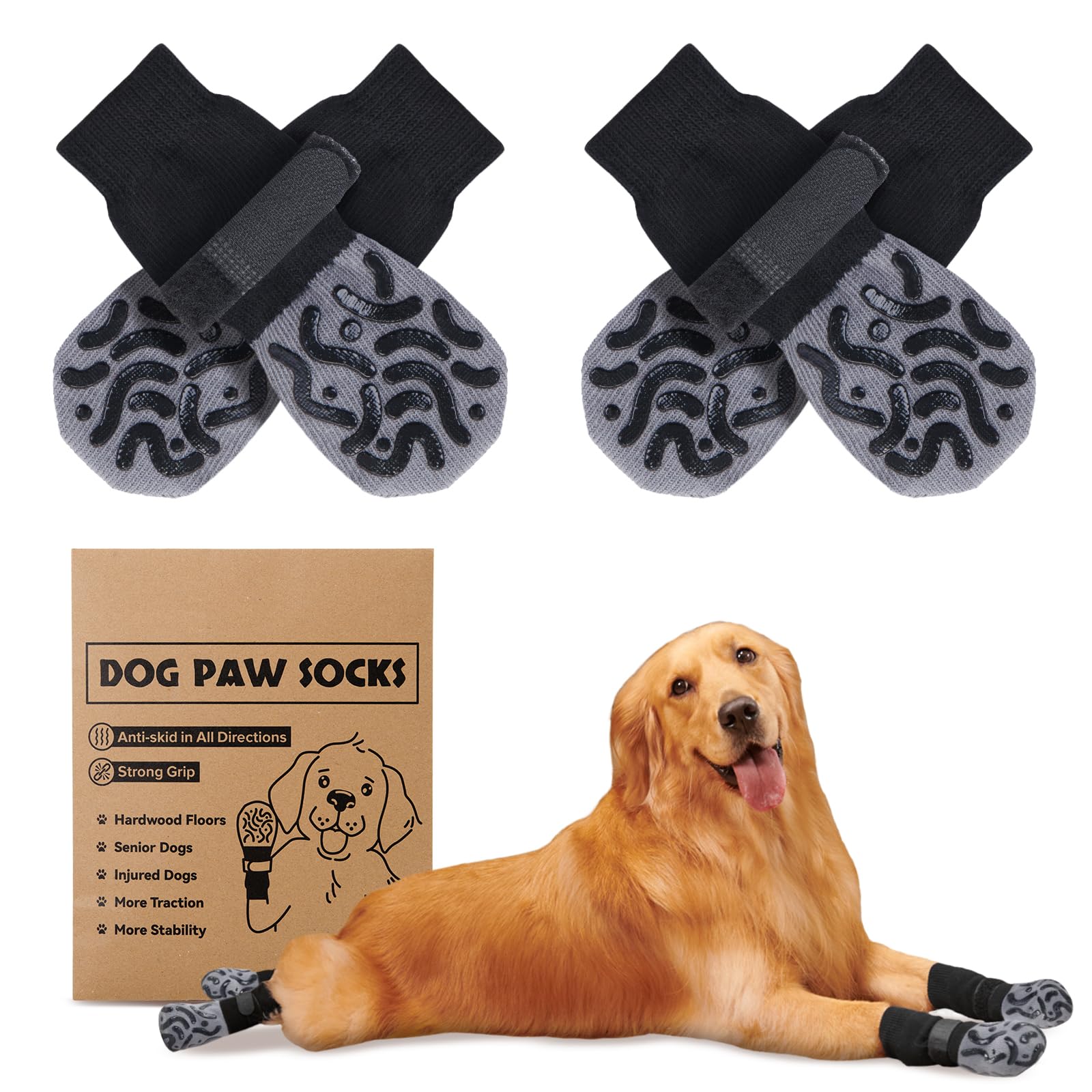 PICK FOR LIFE Lot de 2 paires de chaussettes antidérapantes pour chien avec fermeture réglable - Chaussettes antidérapantes pour l'intérieur - Protection des pattes et contrôle de la traction sur sols