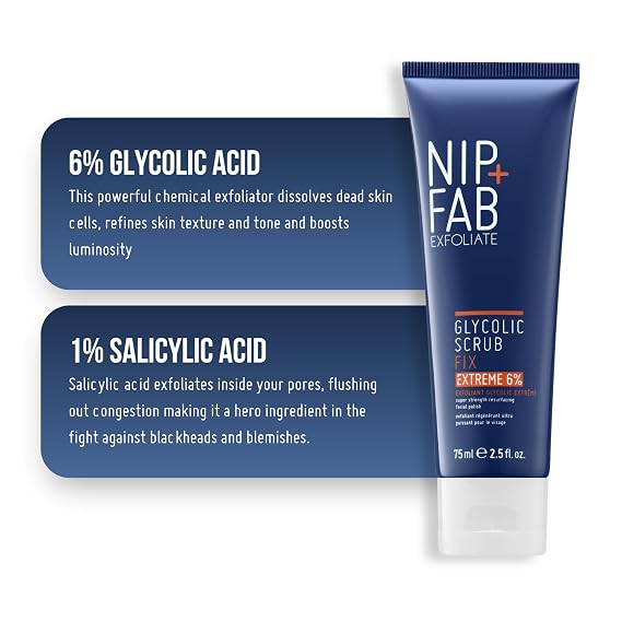 Nip + Fab Glycolic Fix Scrub Extreme (2.5 fl oz) 6% Glycolic Acid 3-in-1 Facial Exfoliator & Pore Refiner Deep Cleansing AHA BHA Face Scrub for Brightening & Smoothing