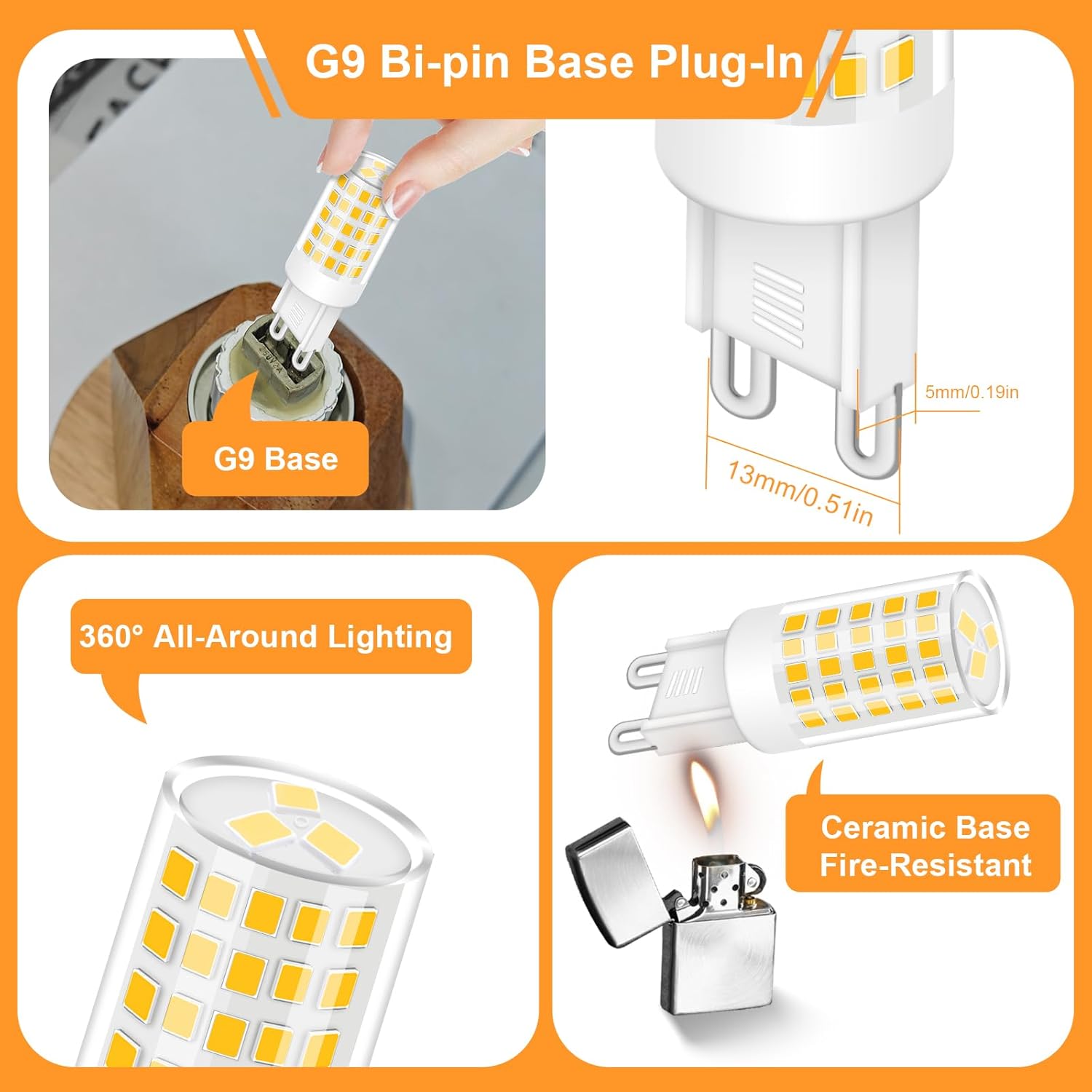 G9 LED Bulb 4W, 40 Watt T4 G9 Halogen Equivalent, 3000K Warm White, Ceramic Bi Pin Base, 120V 400 Lumen 360°Beam Angle No-Flicker, Chandelier Lighting 400LM (5 Pack)