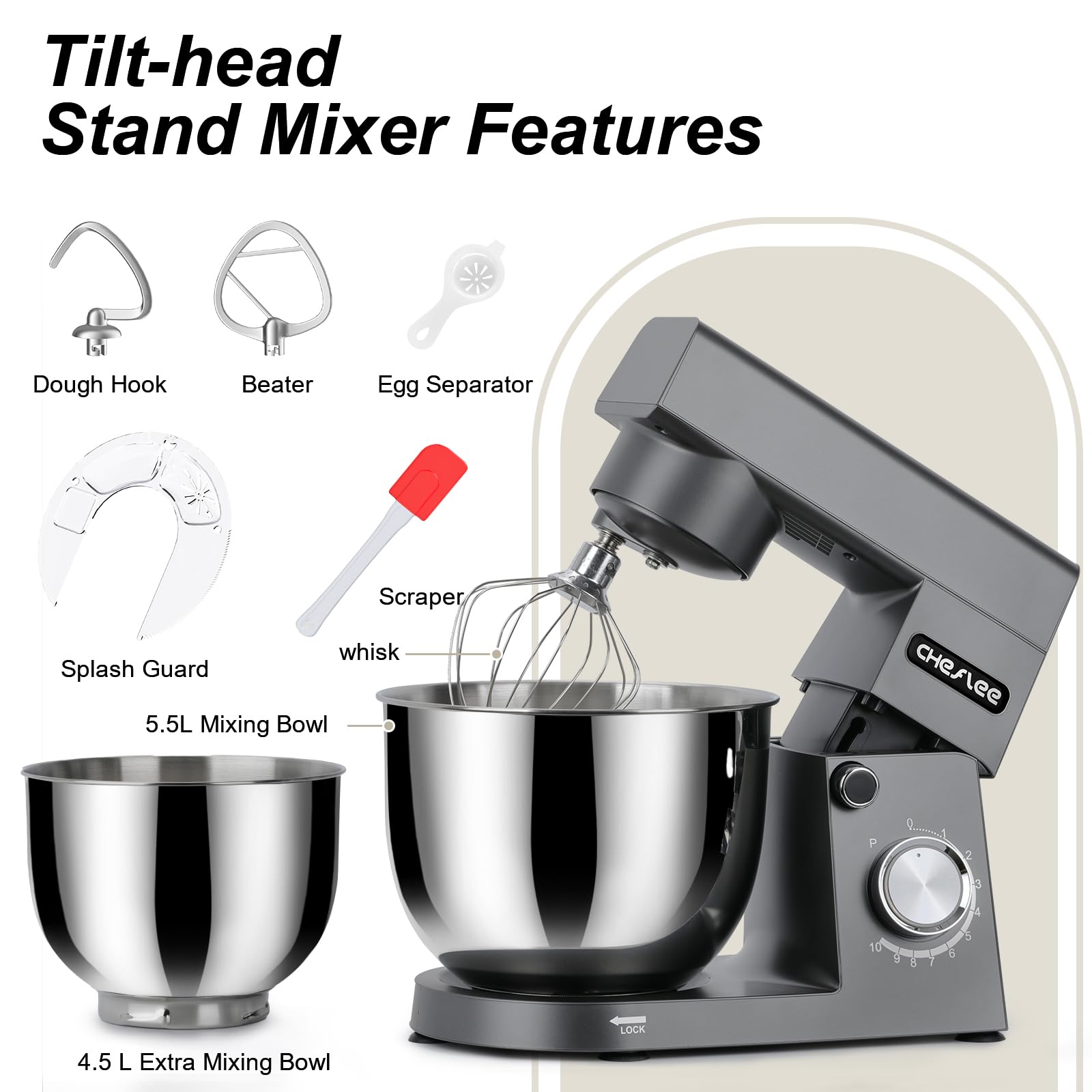 CHeflee Küchenmaschine 1500W Teigkneter mit 4,5 und 5,5L Edelstahlschüssel,10+P Geschwindigkeit Küchenmixer mit Rührhaken, Knethaken, Schneebesen und Spritzschutz （Dunkelgrau）