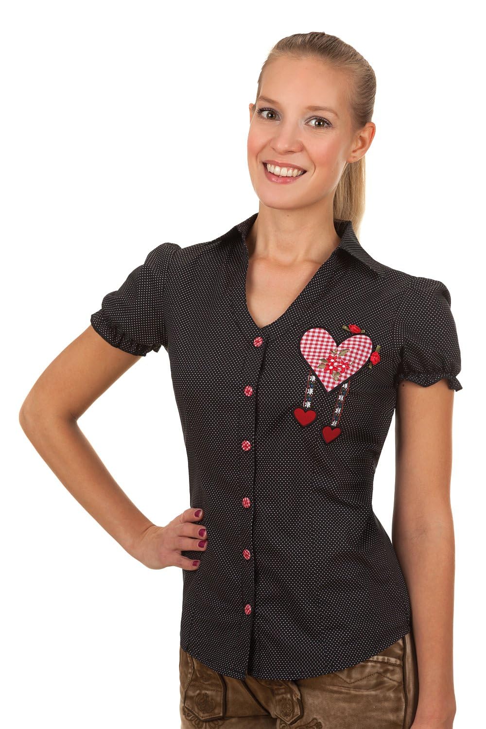 Edelnice Trachten Bluse mit Herz Applikation und Röschen, Damen, Schwarz, Gepunktet, Rüschenärmel, M (EU), Regular, Damen Bluse, Shirt, Hemd