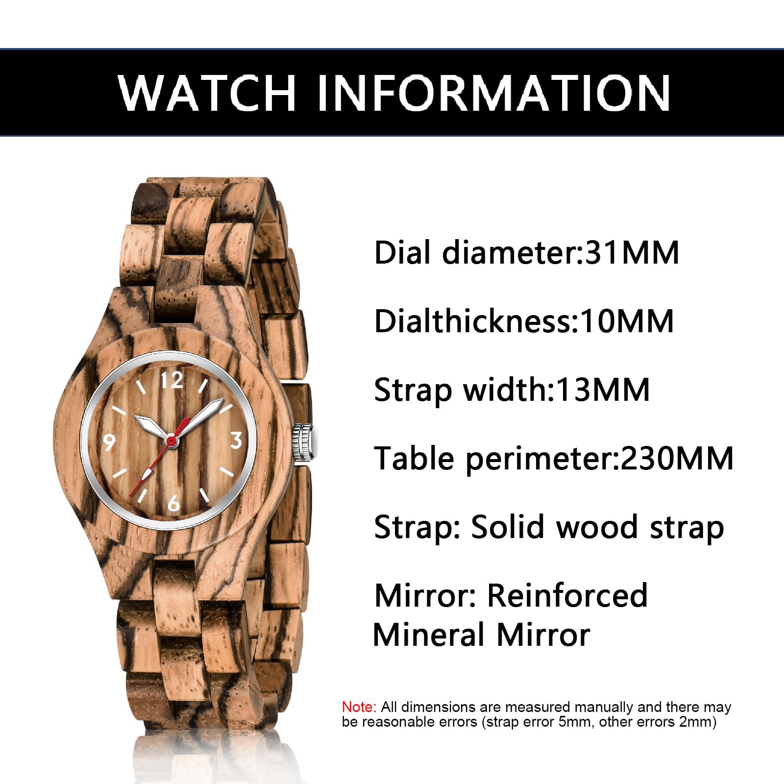 Tiong Orologio da donna in legno di bambù, colorato, analogico, al quarzo, regolabile, leggero