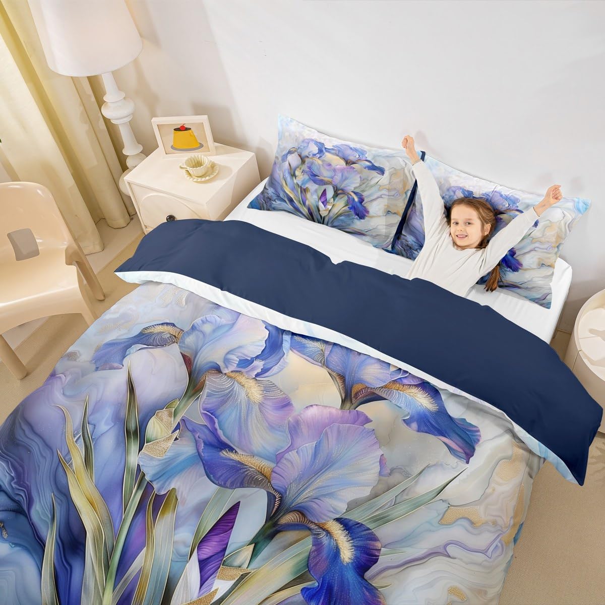 Erosebridal Blue Purple Floral Duvet Cover Queen Elegant Abstract Marble Bedding Set for Kids Teens | Spring Iris Flowers Bedspread Cover Marbling Aesthetic Botanical Bed Set with 2 Pillowcases