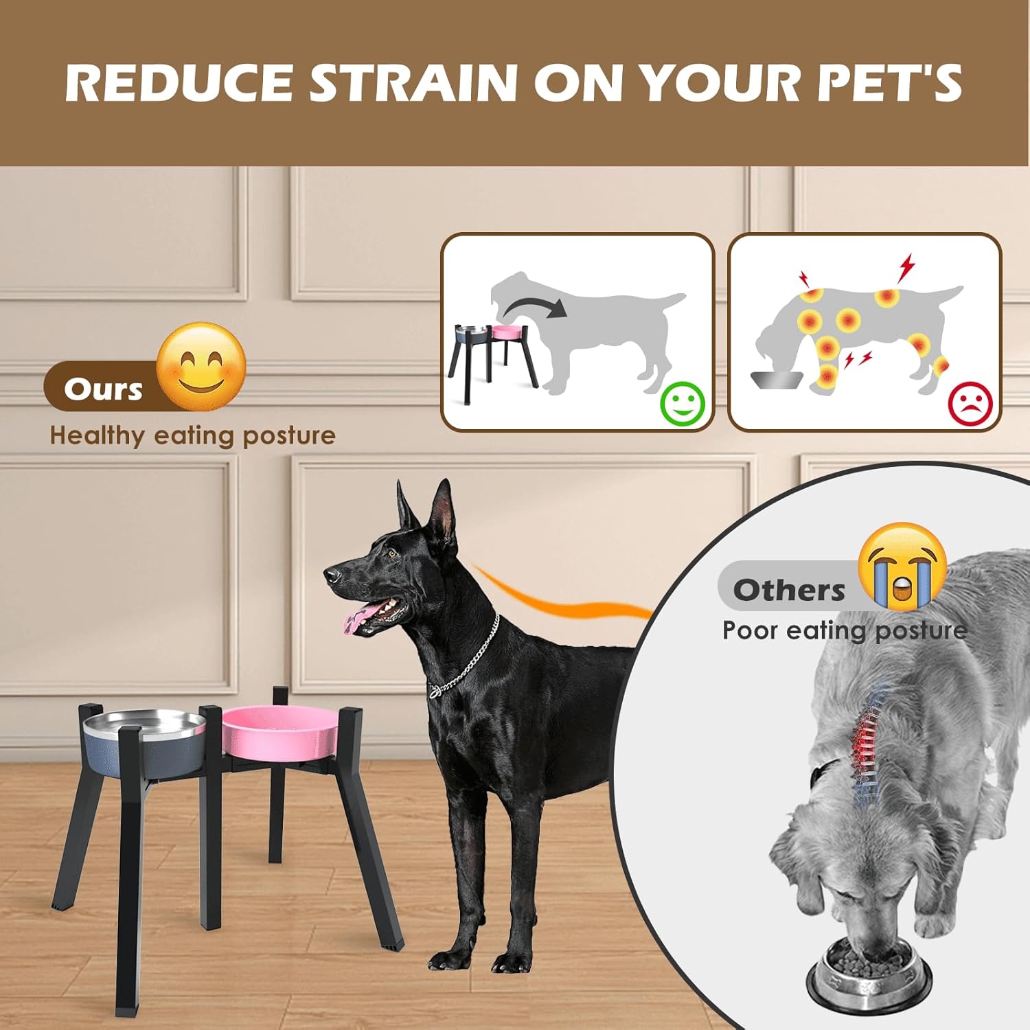 Raised Dog Bowl Stand for Large & Extra Large Dogs – 13.7" Tall Adjustable Holder Fits 7–10.6" Wide Bowls, Elevated Dog Food & Water Stand, 2-in-1 Design (Bowls Not Included)