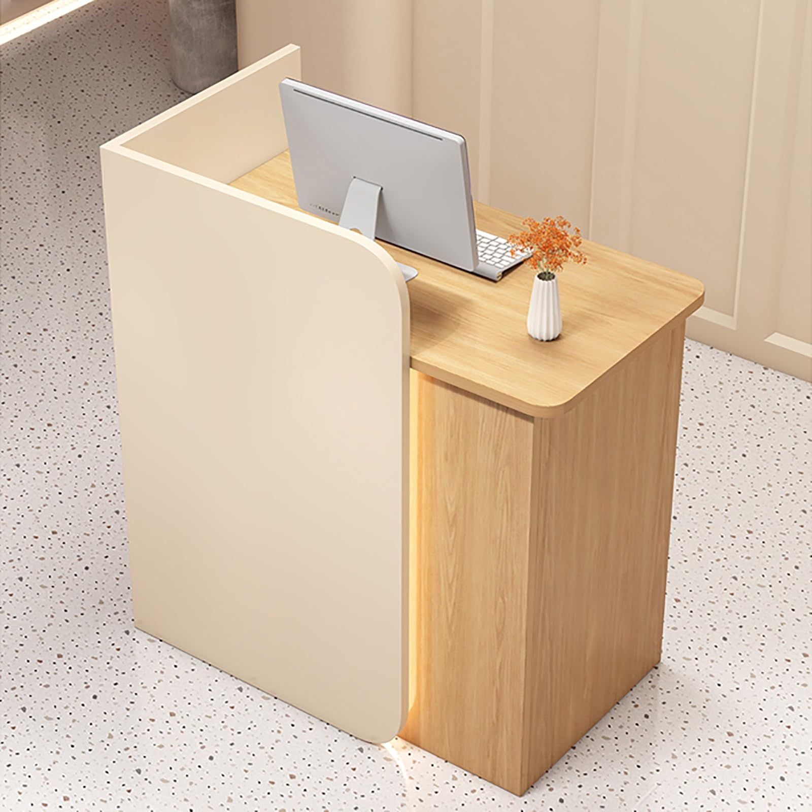 Moderno bancone da reception con luci a LED e cassetto bloccabile, per ufficio, bar, ristorante (beige, 100 cm)
