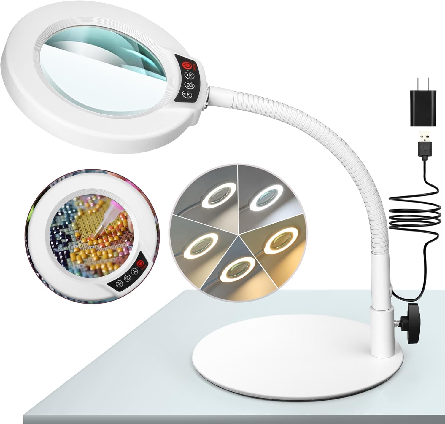 10X Magnifying Glass with Light and Stand, 5 Color Modes Stepless Dimmable LED Lighted Desk Lamp, Hands Free Flexible Gooseneck Magnifier with Light for Craft Hobby Painting Close Work – White 10X Magnifying Glass with Light and Stand, 5 Color Modes Stepless Dimmable LED Lighted Desk Lamp, Hands Free Flexible Gooseneck Magnifier with Light for Craft Hobby Painting Close Work – White
