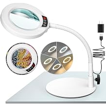 10X Magnifying Glass with Light and Stand, 5 Color Modes Stepless Dimmable LED Lighted Desk Lamp, Hands Free Flexible Gooseneck Magnifier with Light for Craft Hobby Painting Close Work - White