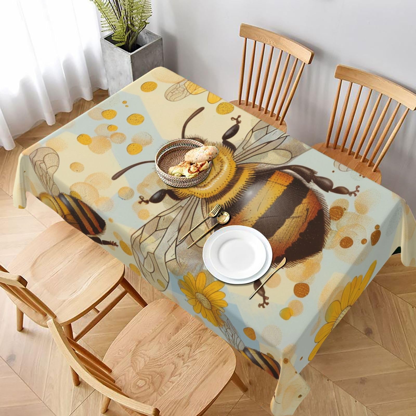 WPKJU Honey Bee Printed Tablecloth 60x90 in Water Resistant Table Cover Washable Rectangle Table Cloth for Dining Tables