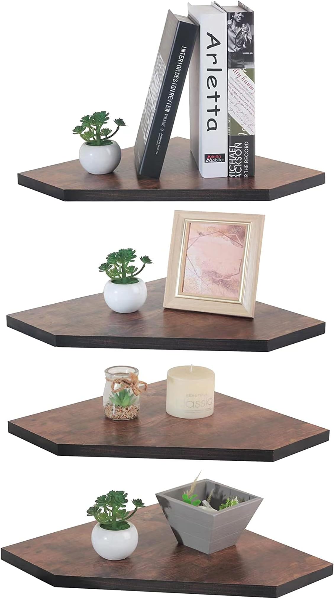 Diamond Shaped Corner Shelves 19" Wide - 4 Tier Rustic Wood Corner Shelf Display - Wall Mount with Invisible Connectors - Floating Shelf Plant Stand Organizer for Home & Office - Brown / Black
