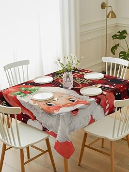 Christmas Rectangle Tablecloth 52 x 70 Inches Santa Claus with Candy Snowflake Red Plaid Waterproof & Stain Resistance Table Cloth Decorative Fabric Table Cover for Dinning/Party/Buffet/Banquet