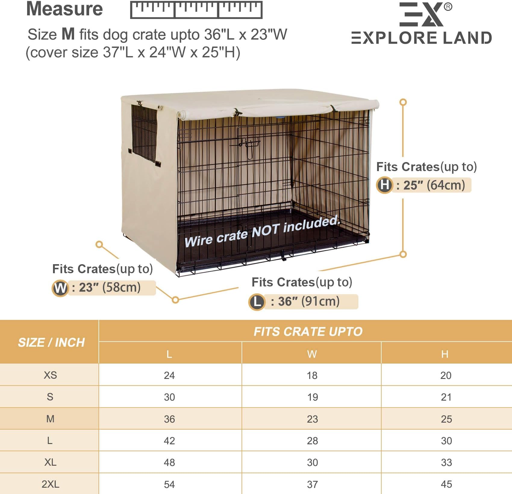 Explore Land 36 inches Dog Crate Cover Durable Polyester Pet Kennel Cover Universal Fit for Wire Dog Crate (Light Tan)