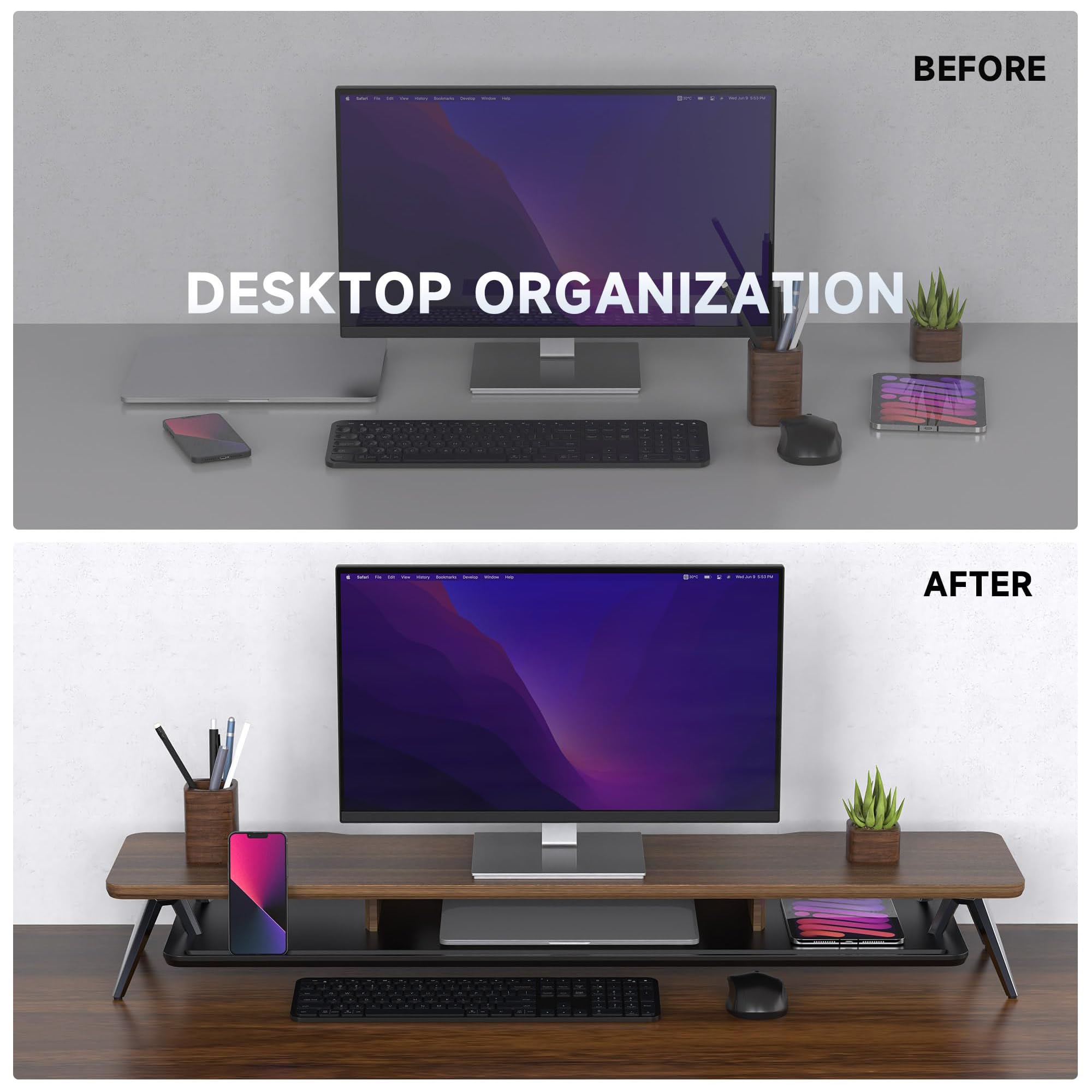Fenge Monitorständer, für Laptop PC TV, Monitor Stand, Braun, 108cm | 2 Geräte, Bis 45kg, Ablagefach für Telefon/Tablet/Stift, Kabel-Mgmt. Alufüße, Bildschirm Computer Schreibtisch Büro Home