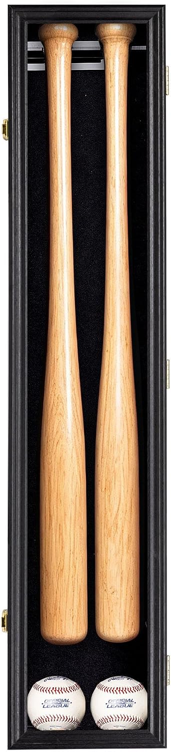 DisplayGifts Vertical Baseball Bat Display Case for 2 Bats,Wall Mount, Lockable Shadow Box with UV Protection, Baseball Bat Cabinet for Collectors, 38.5" x 8" x 4" ,Black Felt with Black Finish Frame
