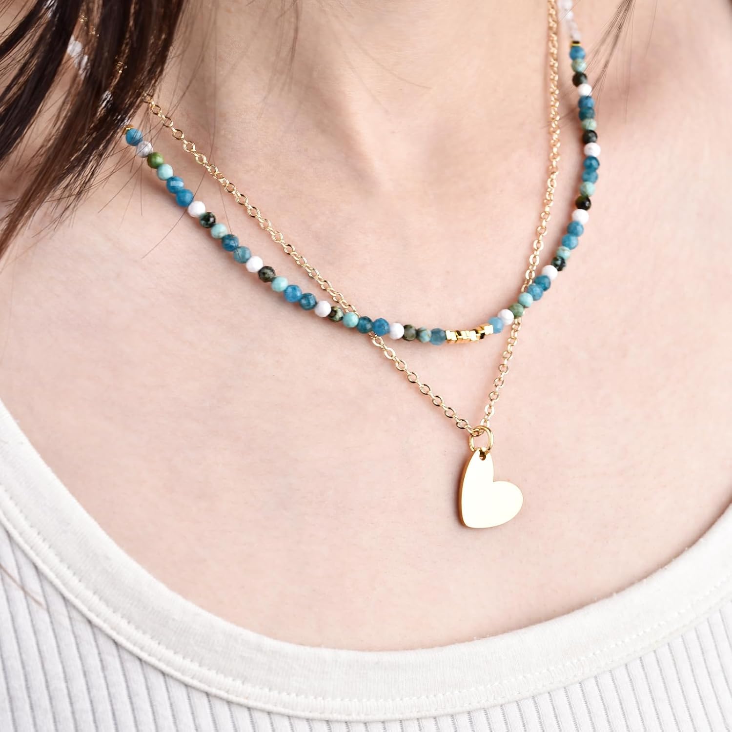 Layered Gemstone Necklace Set – 18K Gold Plated Copper Chain with Heart Pendant & Beaded Choker with Gold Square Spacers - Image 2