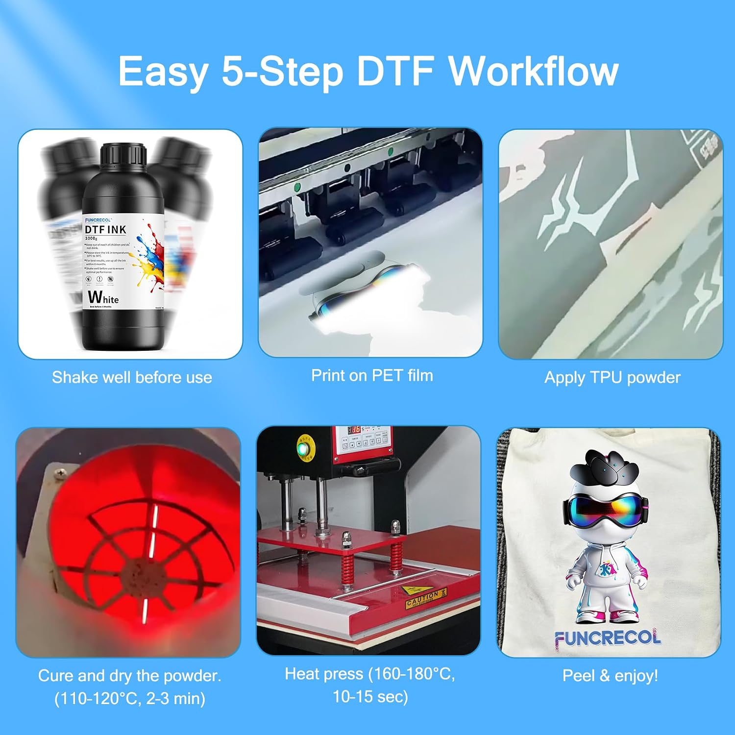 DTF Ink 3000ML Combo Pack, Premium Pigment Ink for PET Film Heat Transfer Printing, Refill for I3200 XP600 R1390 L1800, XP-15000, R2400, L800, 1430, P400, P800, R2000 All DTF Printers