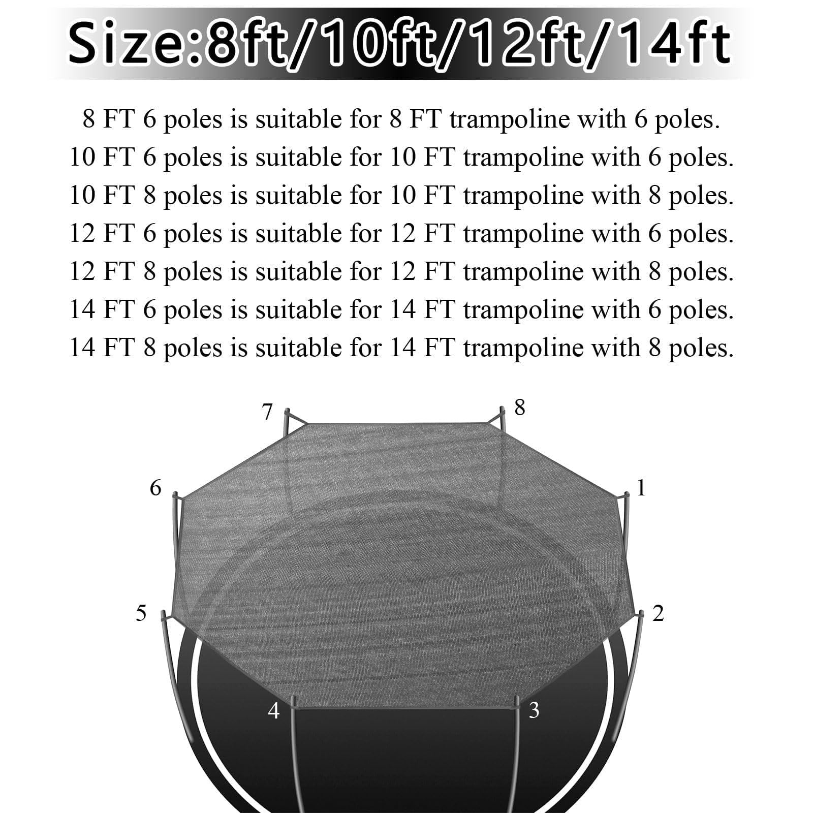 Trampolin Sonnenschutz, UPF 50+ Trampolin Dach Für 6/8 Stangen, Wasserdicht Windfest Trampolin Überdachung, Outdoor Trampolin Zubehör Für Kinder (6Stangen, 305cm)