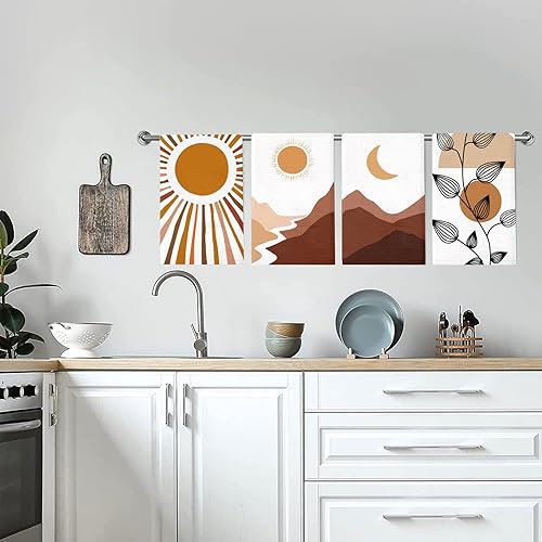 Miniatura 5 de Lebsitey Toallas de cocina bohemias, paquete de 4 toallas de té bohemias de montañas, ríos, sol y luna, paños de secado absorbentes para cocinar y