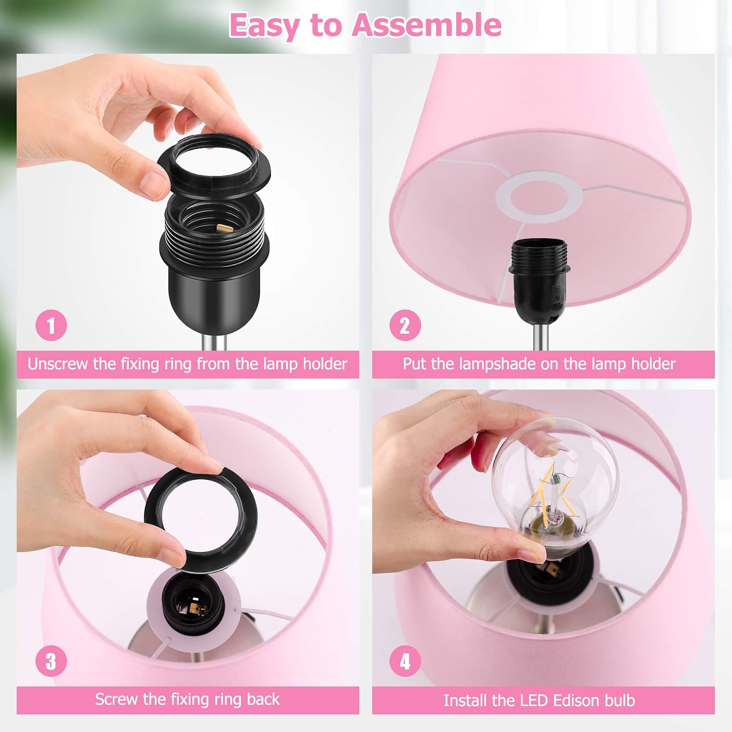 Touch Control Table Lamp with 2 USB Ports and AC Power Outlet, 3 Way Dimmable Modern Bedside Nightstand Lamp with Pink Fabric Shade & Satin Nickle Base for Bedroom Living Room Office LED Bulb Included