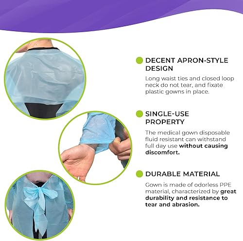 Miniatura 3 de AMZ Medical Supply Bata aislante desechable azul, grande. Paquete de 100 vestidos de PPE desechables. Bata impermeable 100% polietileno de