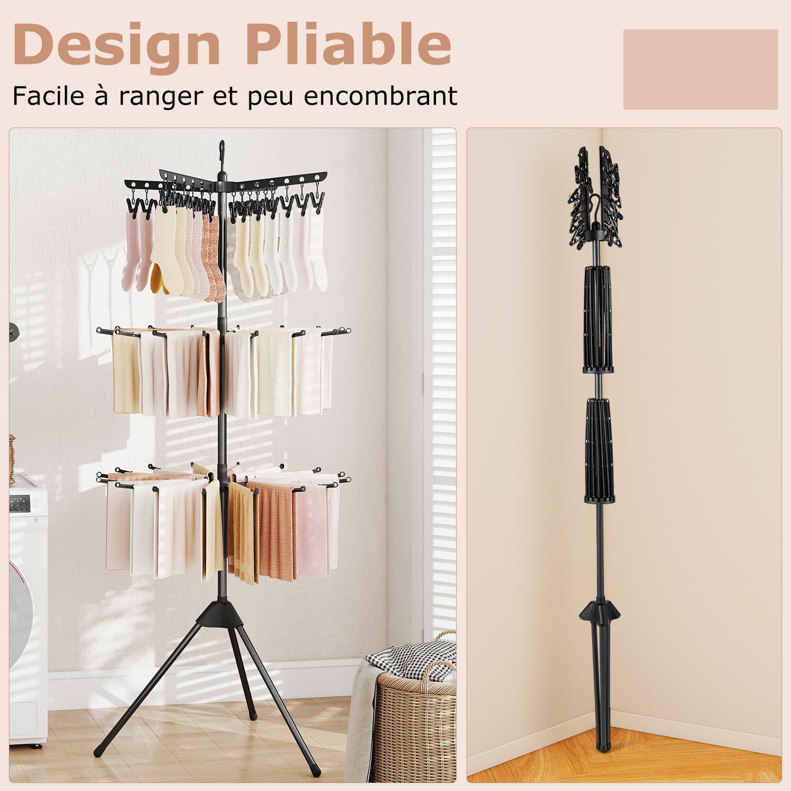 COSTWAY Etendoir Linge Pliable 3 Niveaux, Etendoir Chaussette à Suspendre avec 24 Pinces, 32 Barres avec Boucle de Fixation, Trépied, Sechoir a Linge Rotatif Pliant pour Interieur Extrerieur