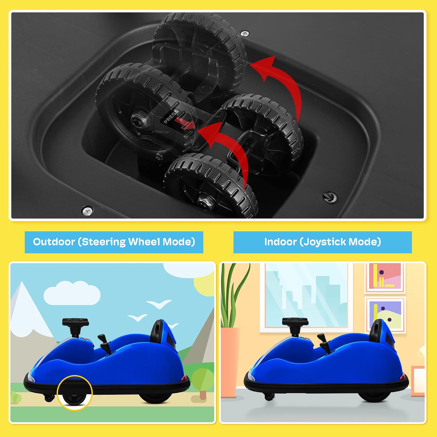 Kidzone 12V 2 Driving Mode (Steering Wheel/Joystick) Ride On Bumper Car for Kids & Toddlers 1.5-6 Year Old DIY Sticker Baby Bumping Toy Gifts W/Remote Control LED Lights, Bluetooth & 360 Degree Spin