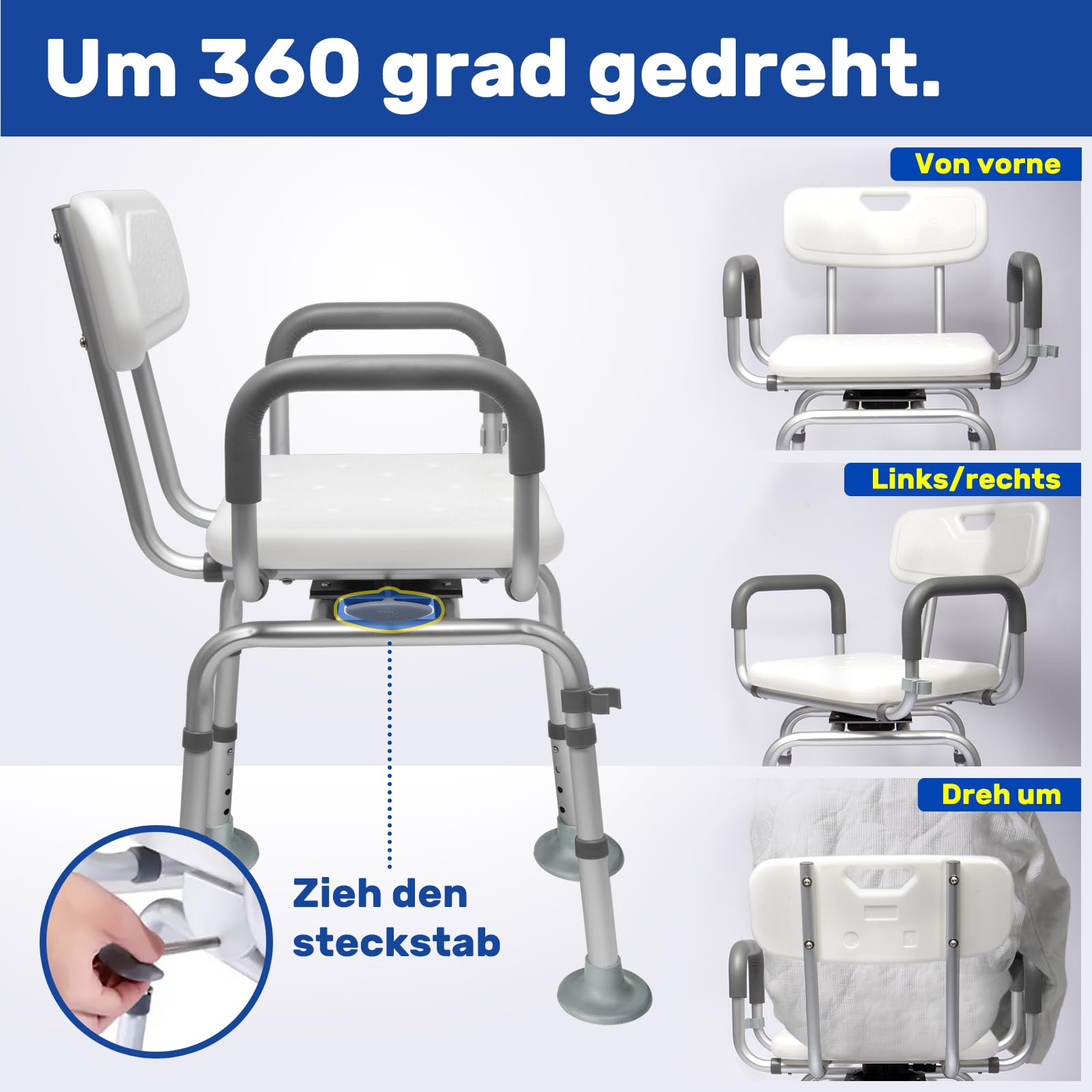 Silla de ducha giratoria de 360° con respaldo y reposabrazos, almohadillas giratorias resistentes al frío, soporta hasta 154 kg, montaje sin herramientas, ideal para la ducha interior.