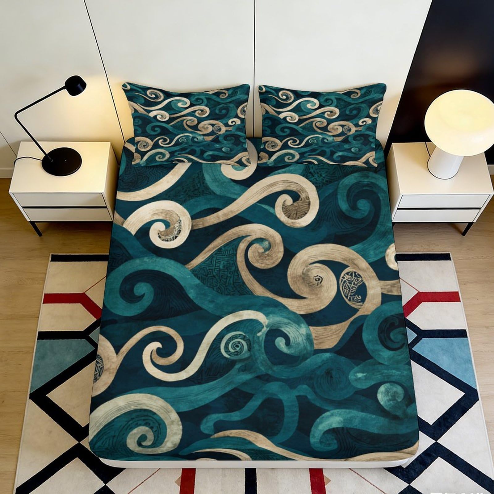 3D Printed Blue Abstract Swirl Fitted Sheet Microfiber Soft Breathable Ocean Wave Bed Cover for Bedroom Dormitory Guest Room Mattress Protection 200x200x25cm