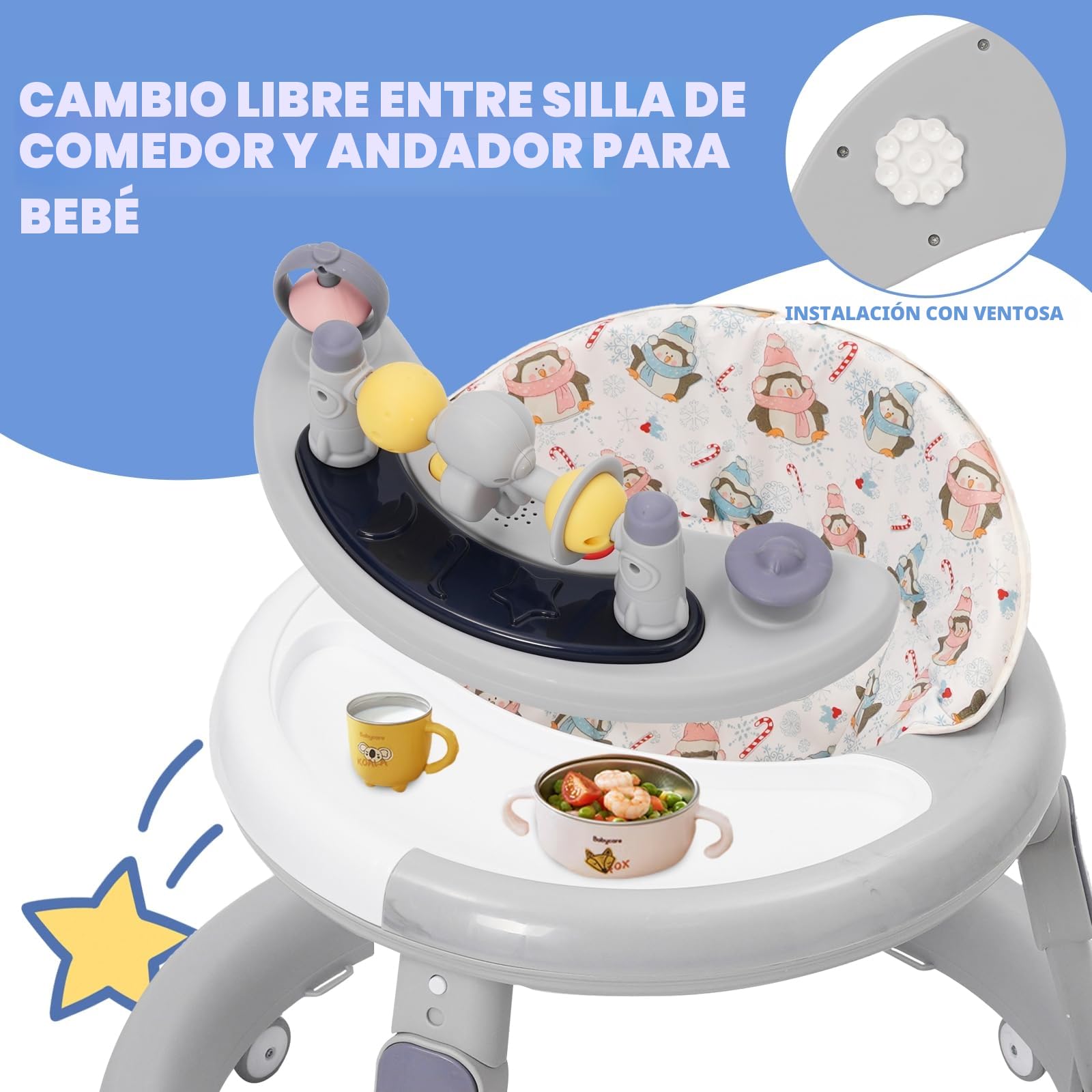 Andador Bebes 3 en 1 con Zona de Juegos, Bandeja y Reposapiés, Altura Ajustable, Ruedas Silenciosas de 360°, Plegable y Resistente, Apto para Niños a Partir de 6 Meses (Gris)