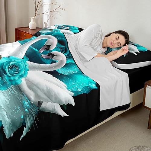 Miniatura 3 de Juego de sábanas de cisne blanco con rosas turquesas, tamaño King, diseño de pájaros y vida silvestre, juego de ropa de cama romántica con flores y