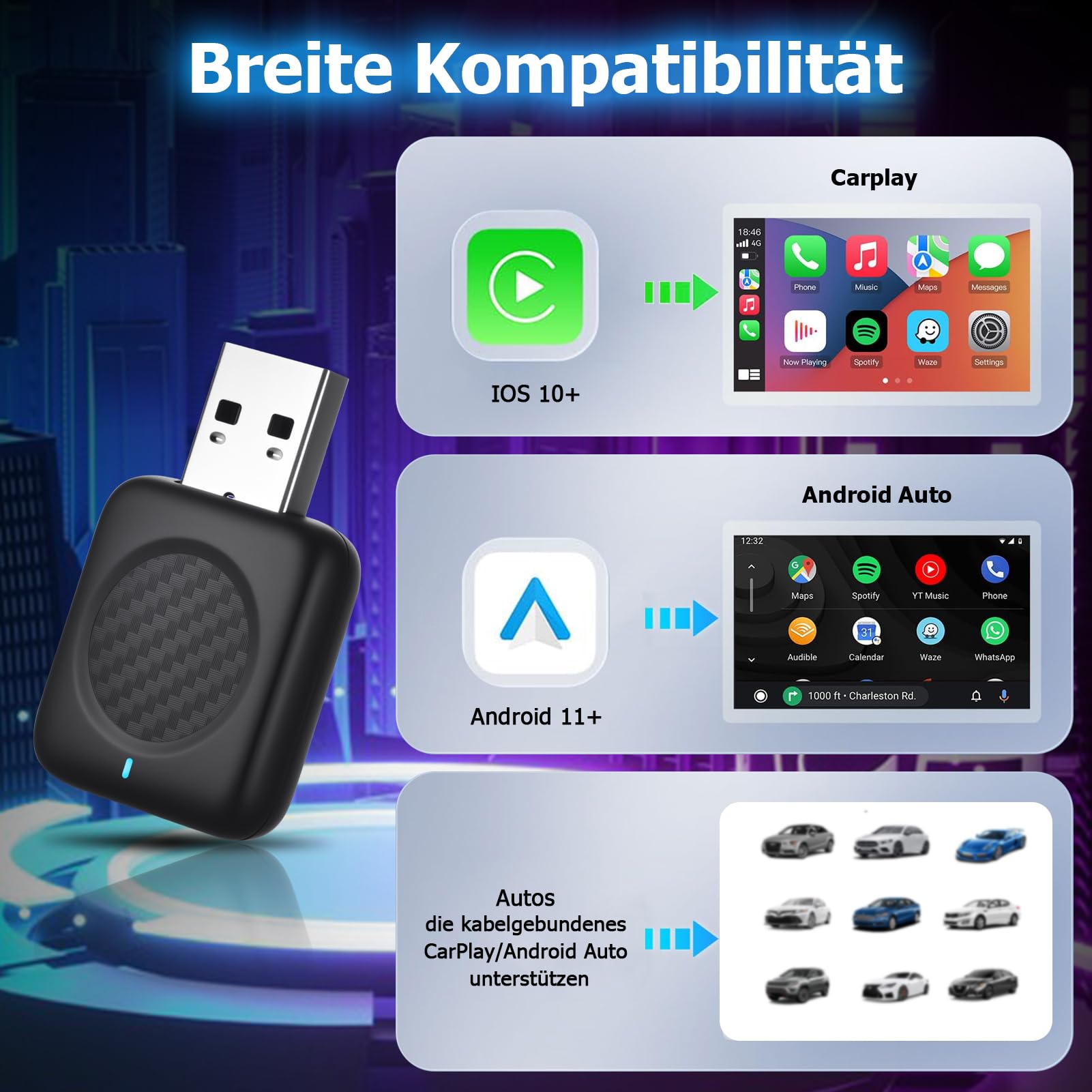 Bezprzewodowy adapter samochodowy CarPlay i Android – bezprzewodowy adapter USB do pojazdów z przewodowym CarPlay/Android Auto, Plug and Play, kompatybilny z systemami iOS od 10 i Android od 11