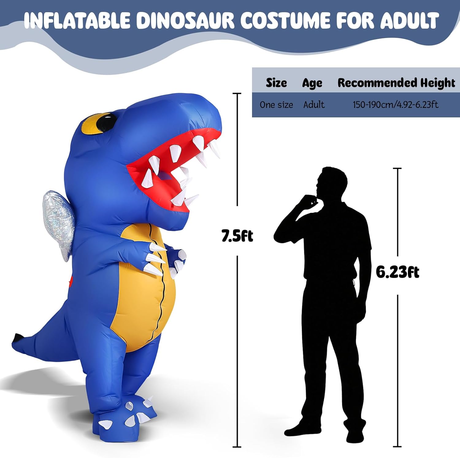 Inflatable T-Rex Costume for Adult, Blow-Up Dinosaur Suit for Halloween Christmas Birthday Party 150-190cm - Image 2