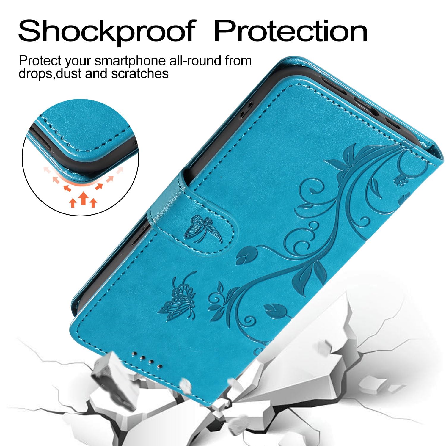 Fertuo Cover A Libro Per Xiaomi Redmi Note 14 Pro 5G / POCO X7, Custodia In Pelle PU Con Porta Carte, Cinturino, Fessura E Supporto, Motivo Floreale Blu - 4