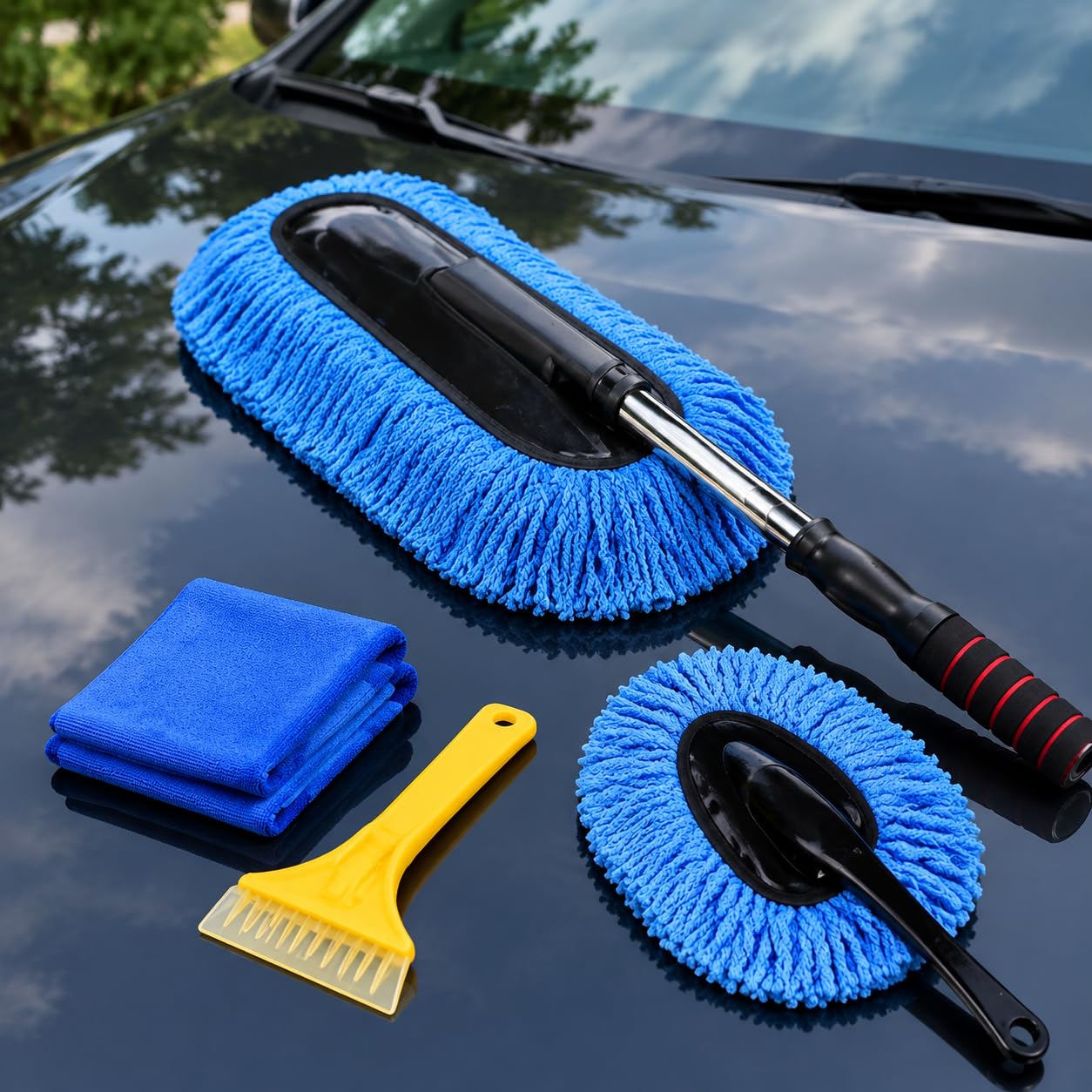2er Set Waschbürste Auto Mikrofaser Chenille, Teleskop Reinigungsbürste 70-85 cm ausziehbar, kratzfreie Autobürste für Wohnmobil LKW, Winter kit: Blauer großer Pins