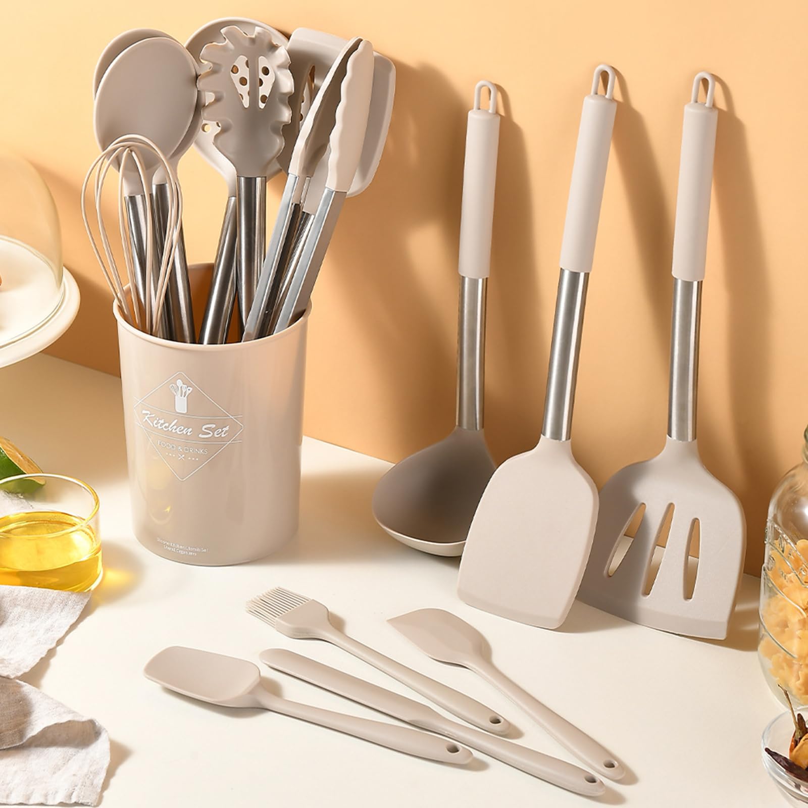 Silikon-Kochutensilien-Set, ungiftig, hitzebeständig, spülmaschinenfest mit Edelstahlgriffen, Küchenhelfer-Set mit Halter für antihaftbeschichtetes Kochgeschirr