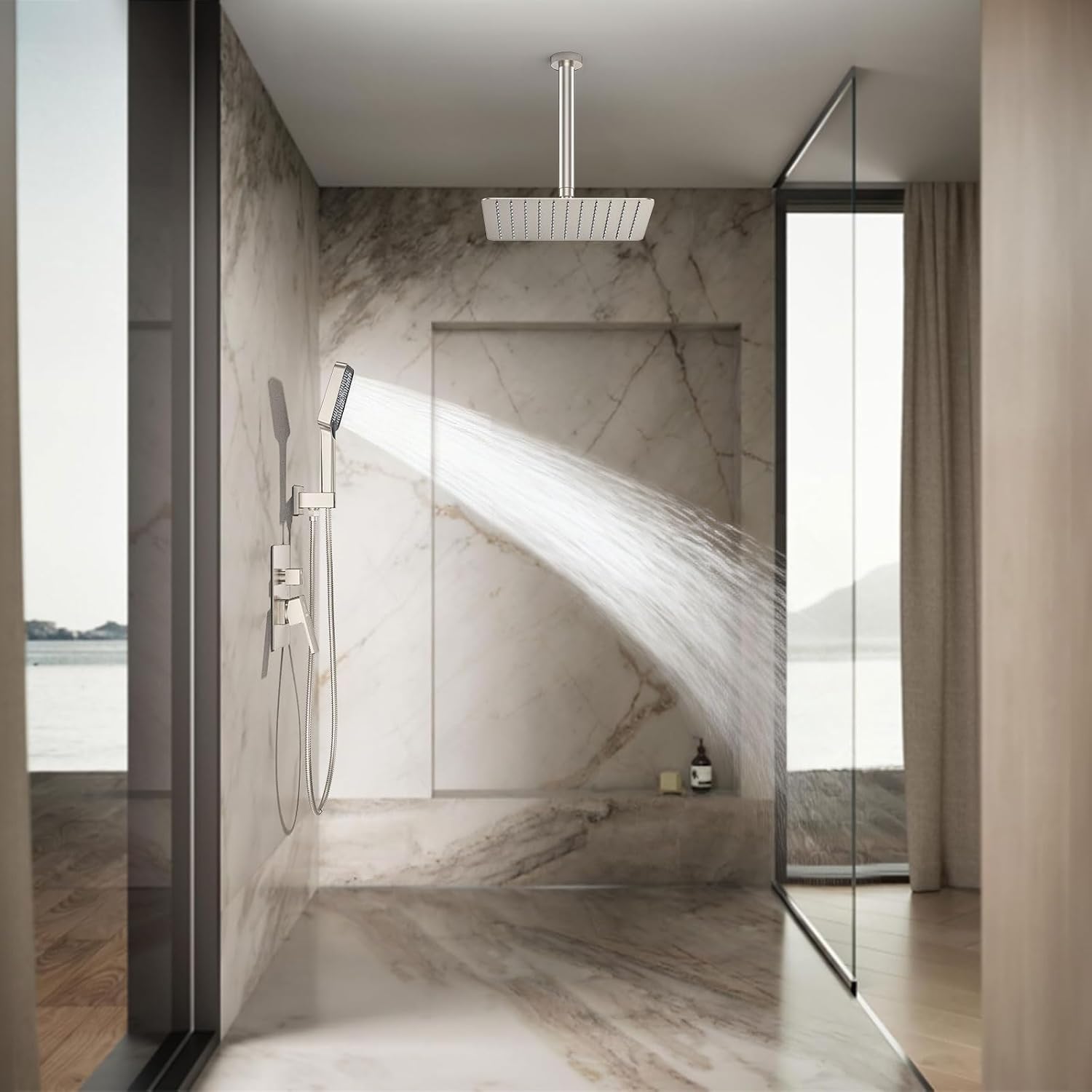 Rain Shower System 12IN Modern Brass Faucet Set With Valve and Diverter Shower Mixer With Handheld High Pressure Square Rainfall Shower Valve (12'' Ceiling Mount, Brushed Nickel)