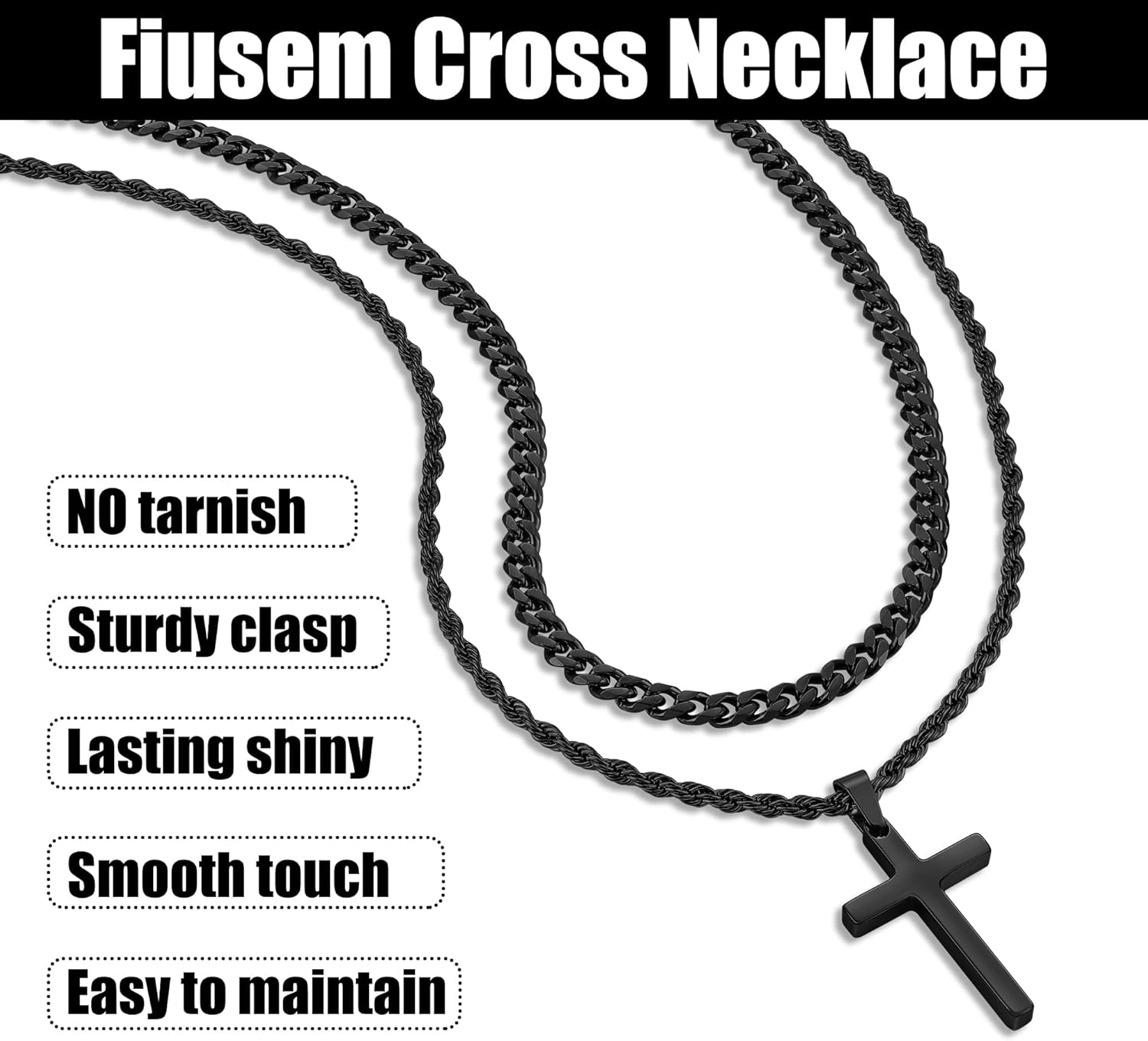 Fiusem Valentines Gifts for Him - 2 Pcs Cross Necklace Chain for Men and Women, Layered Mens Cross Necklaces Stainless Steel Pendant Cuban Link Rope Chain 16-26 Inch, Jewelry Gift - Image 5